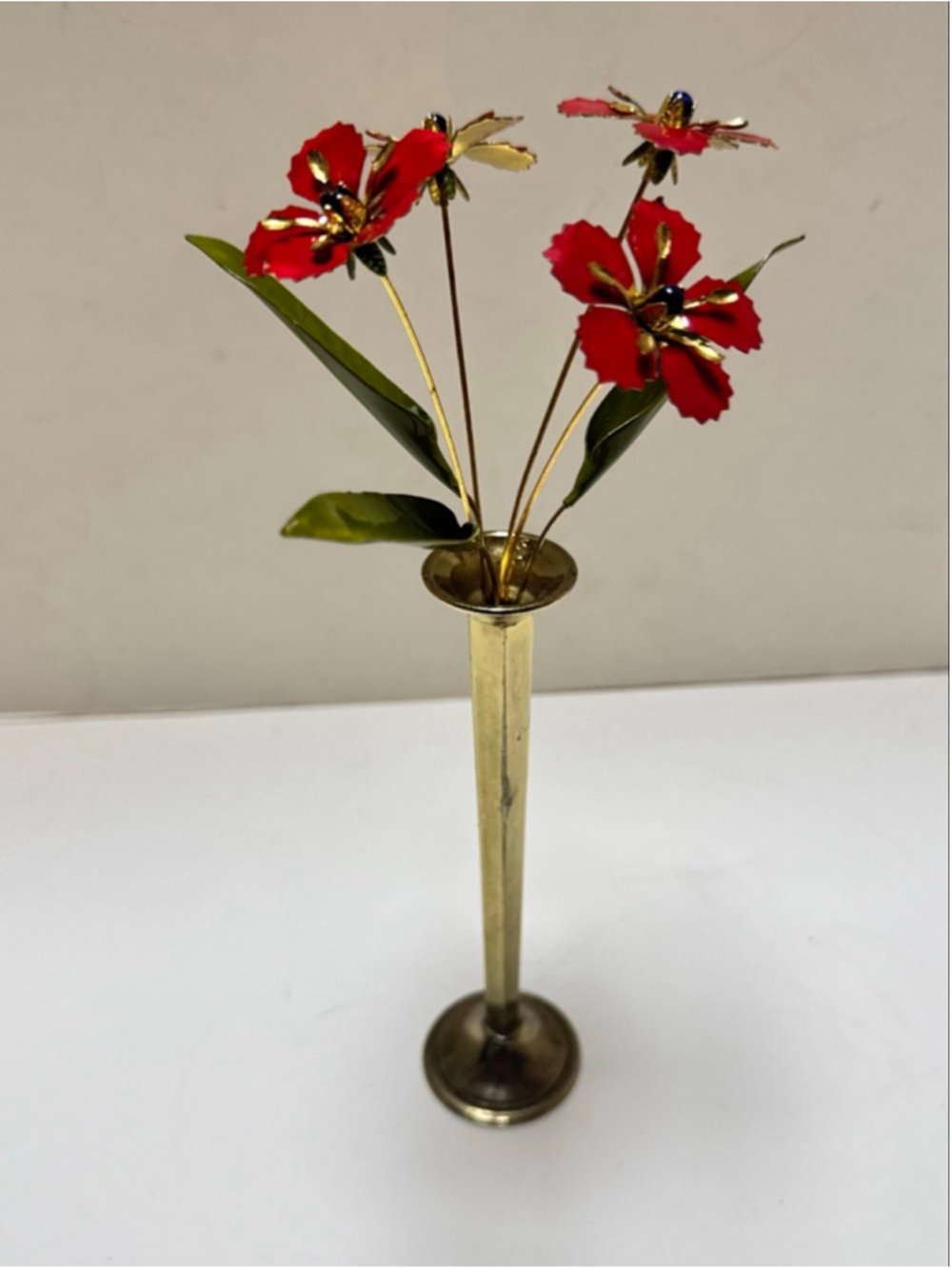 1977 MANN Red Enamel Metal Flowers In Brass Designed Flower Vase MCM